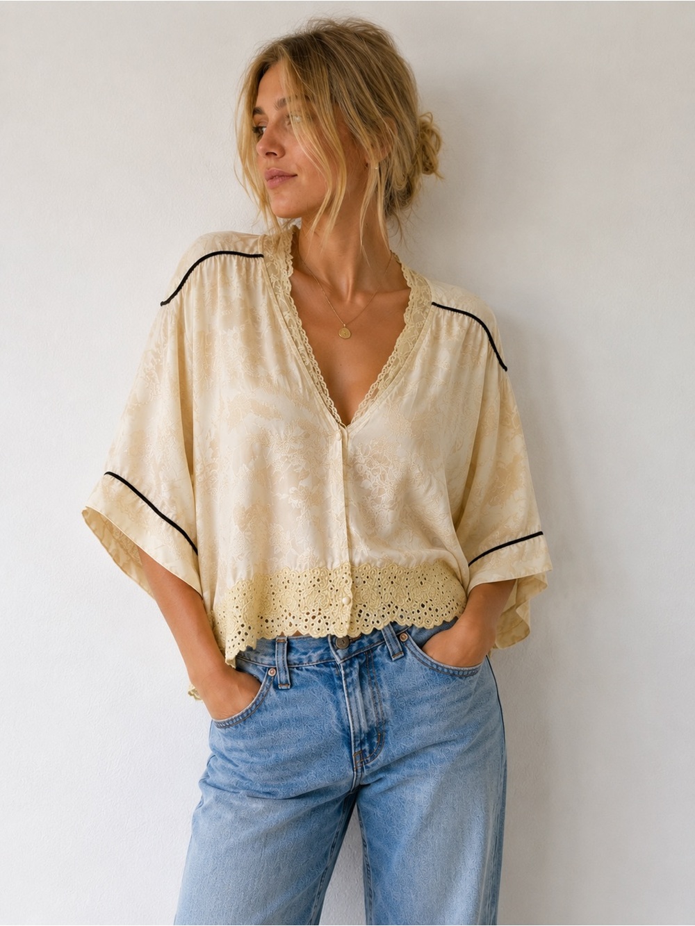 Twin-Set Simona Barbieri Ivory Jacquard Kimono Blouse Lace Trim Made in Italy XS